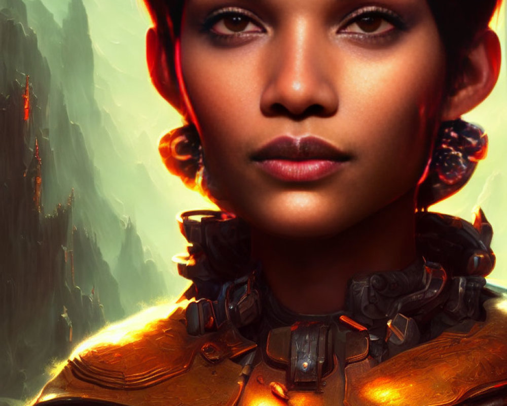 Woman in short hair wearing futuristic armor in digital art.