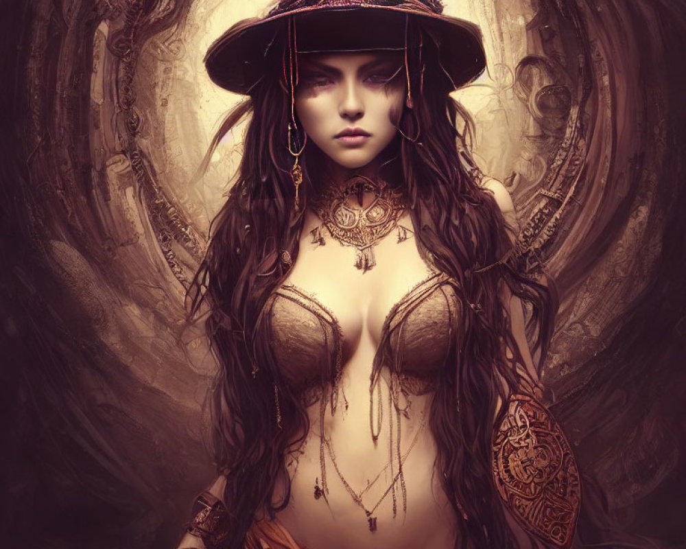 Digital artwork featuring woman in wide-brimmed hat, tribal jewelry, and tattoos against mystical backdrop