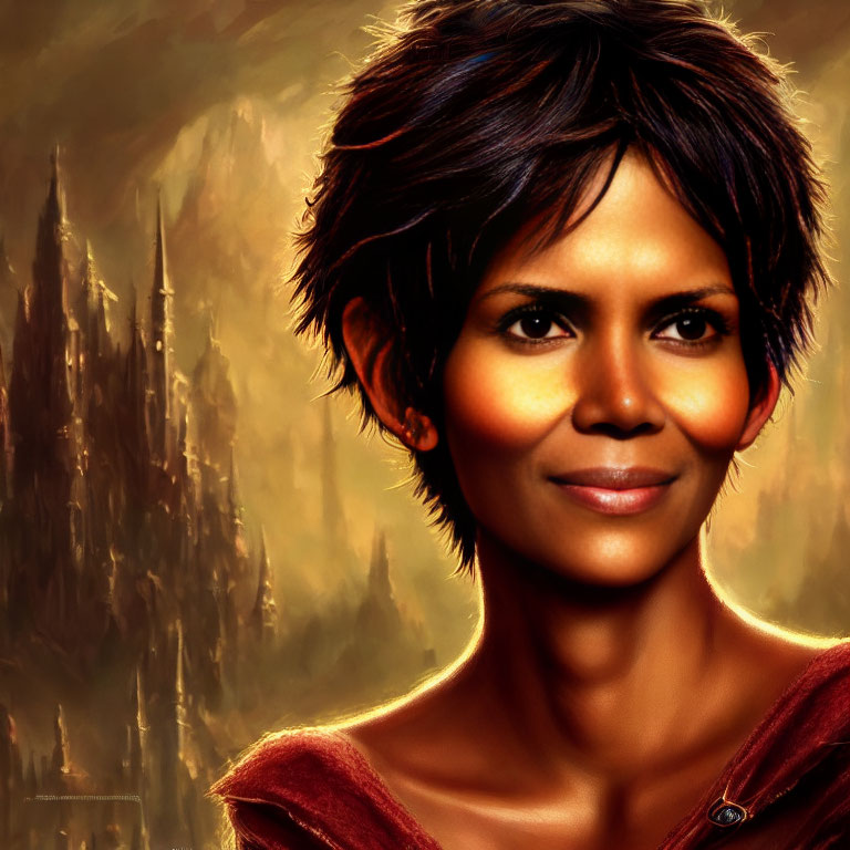 Short-haired woman's portrait against fantasy cityscape background