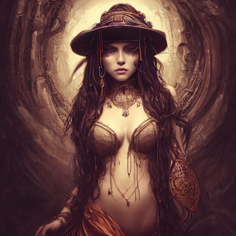 Digital artwork featuring woman in wide-brimmed hat, tribal jewelry, and tattoos against mystical backdrop