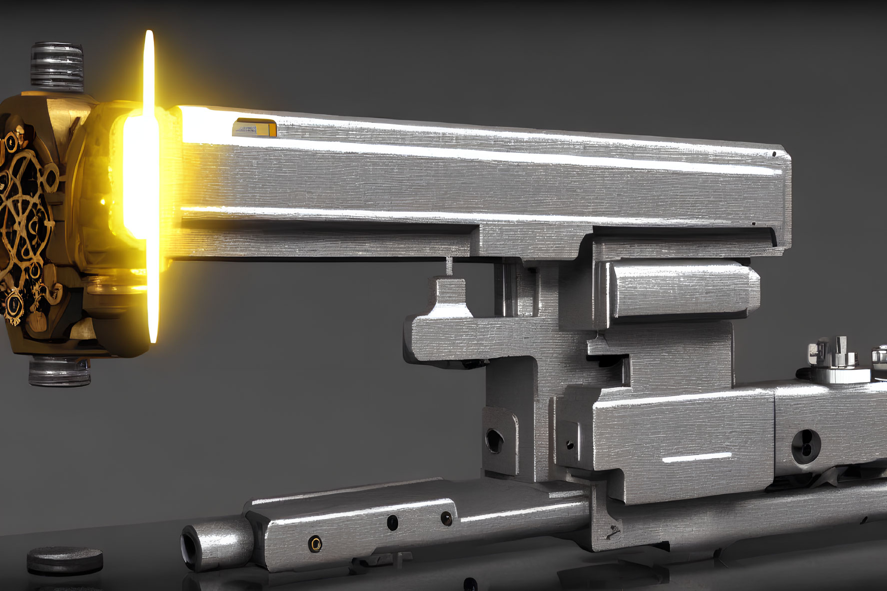 Silver-and-Gold Futuristic Blaster with Intricate Patterns and Yellow Light