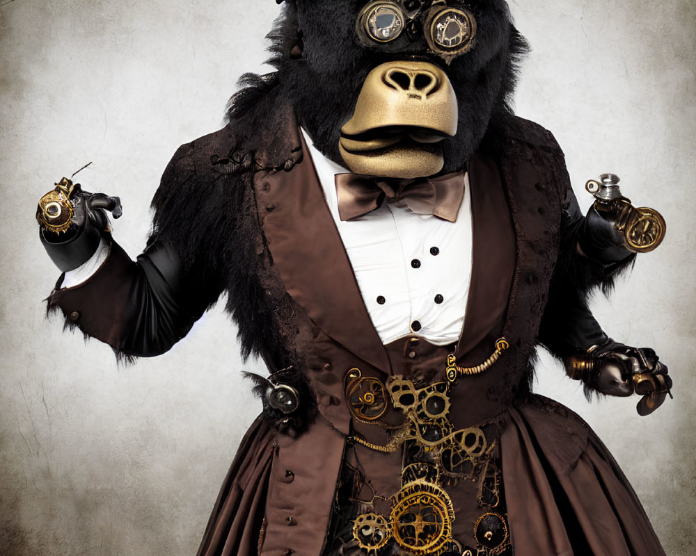 Steampunk-themed person with gorilla mask and pocket watches on textured backdrop