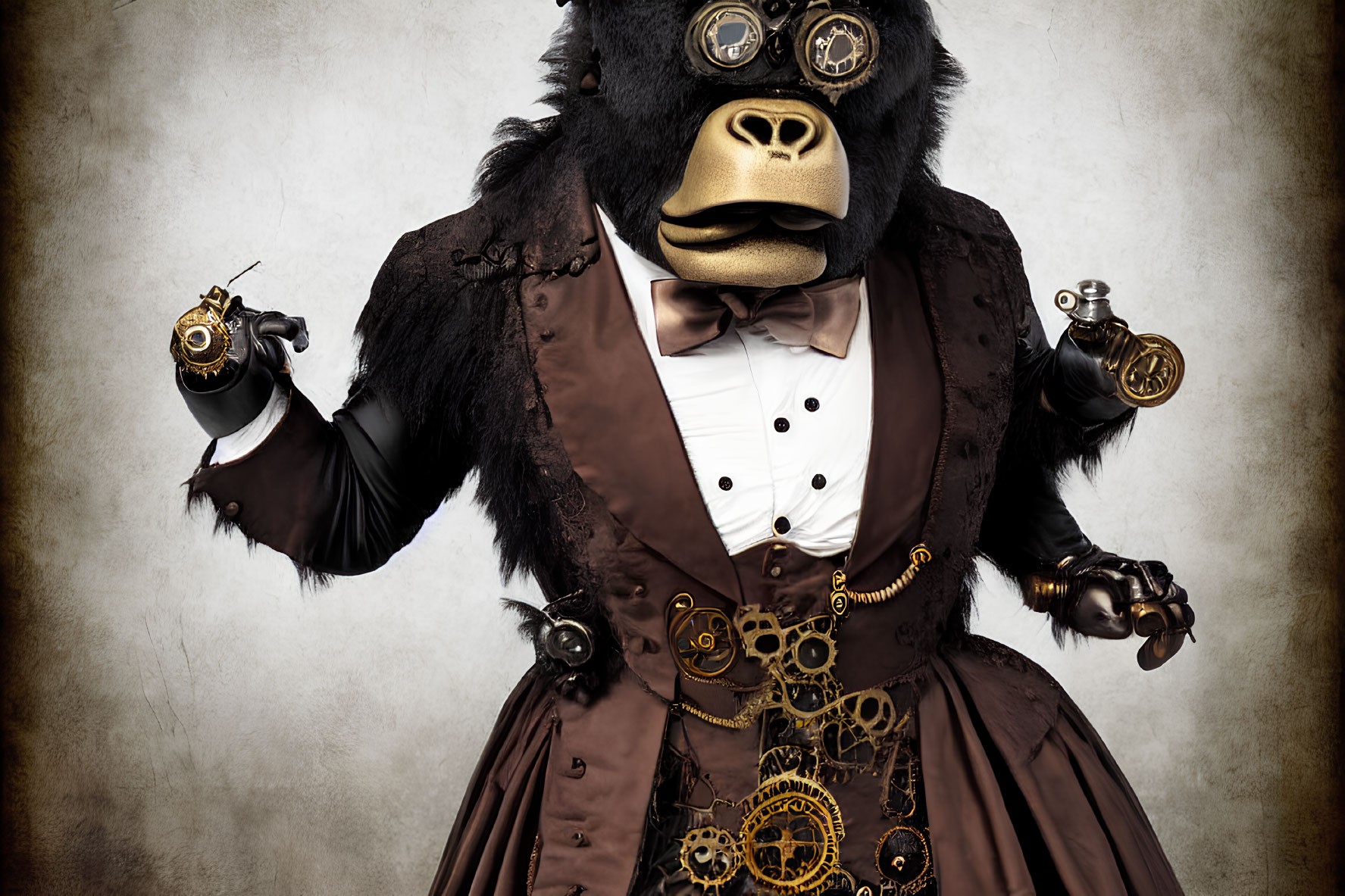 Steampunk-themed person with gorilla mask and pocket watches on textured backdrop