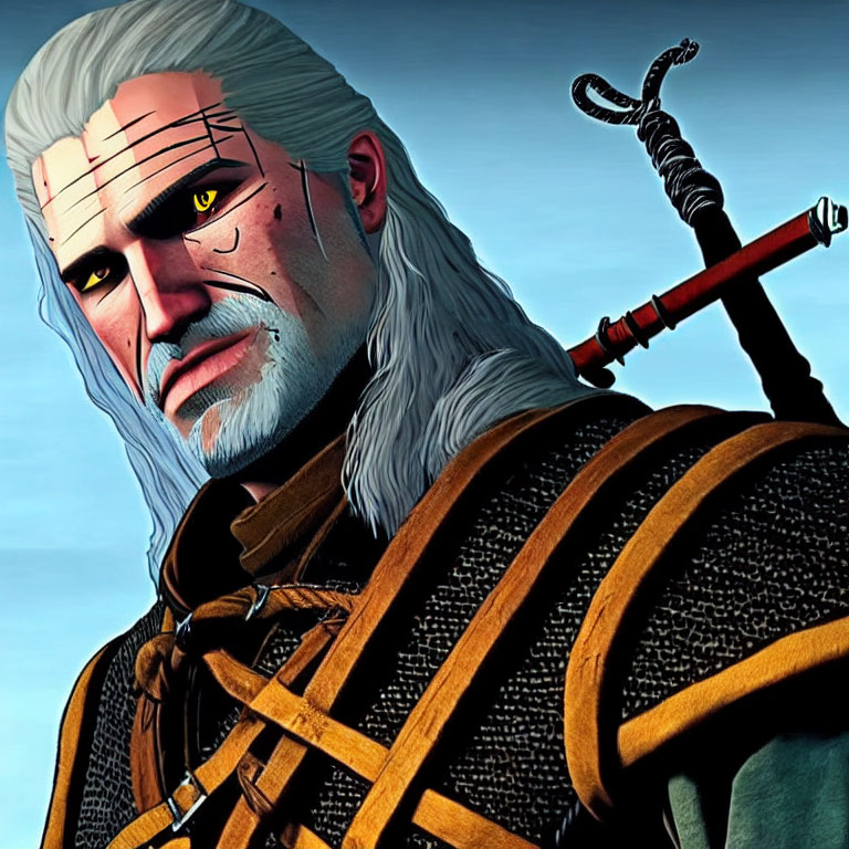 White-Haired Warrior with Scars in Leather Armor and Sword