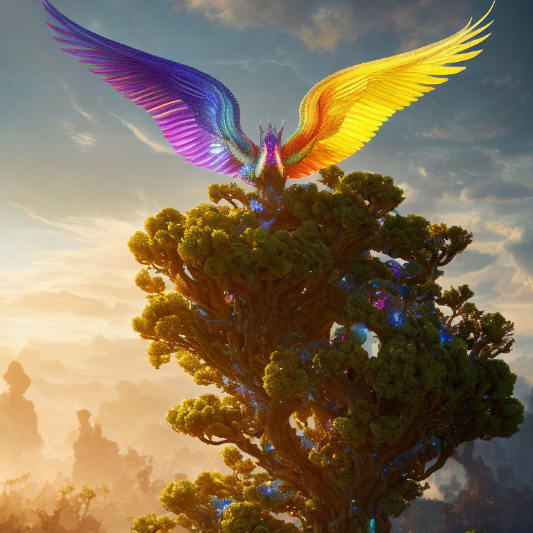 Colorful mythical bird perched on lush green tree under golden sunset clouds