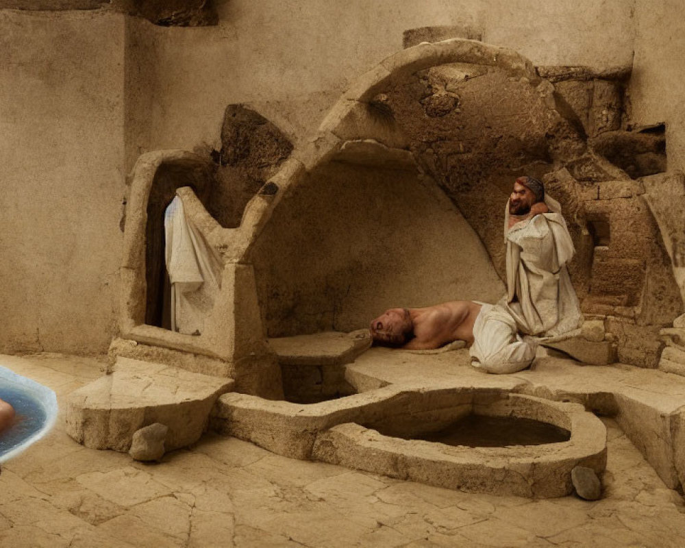 Ancient Roman bathhouse scene with people relaxing in water