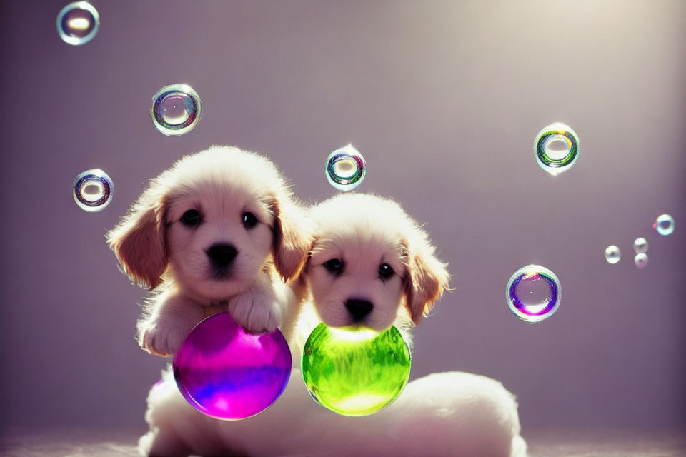 Two cute puppies with colorful bubbles in soft-lit setting