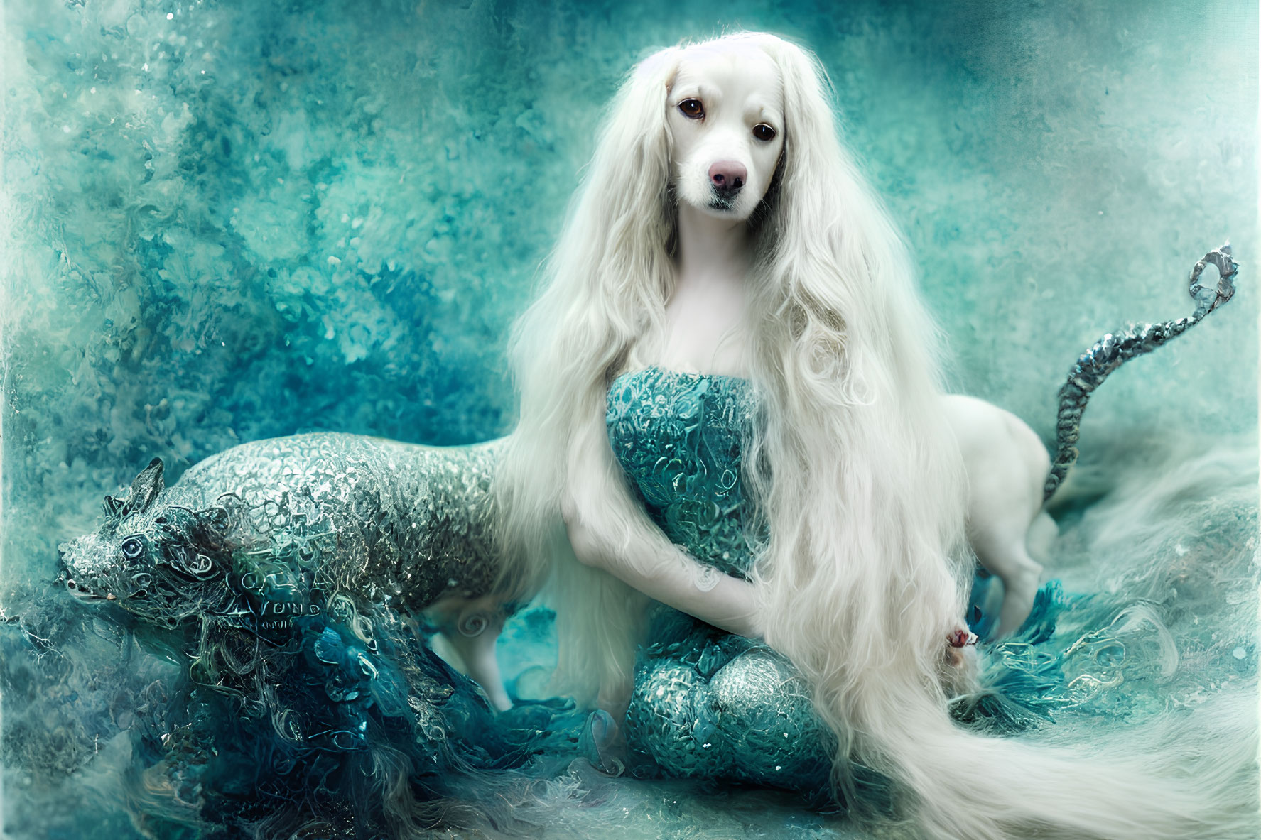 White Long-Haired Dog and Mythical Lizard Creature in Dreamy Blue Setting