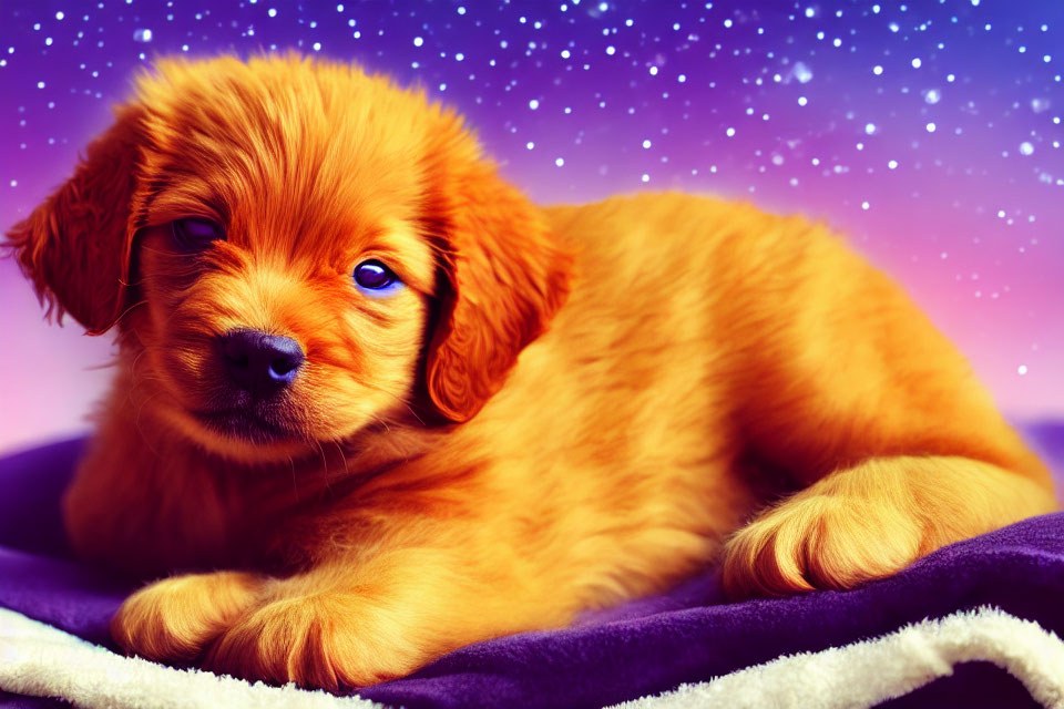 Adorable Golden Puppy with Blue Eyes on Purple Blanket Against Starry Violet Background