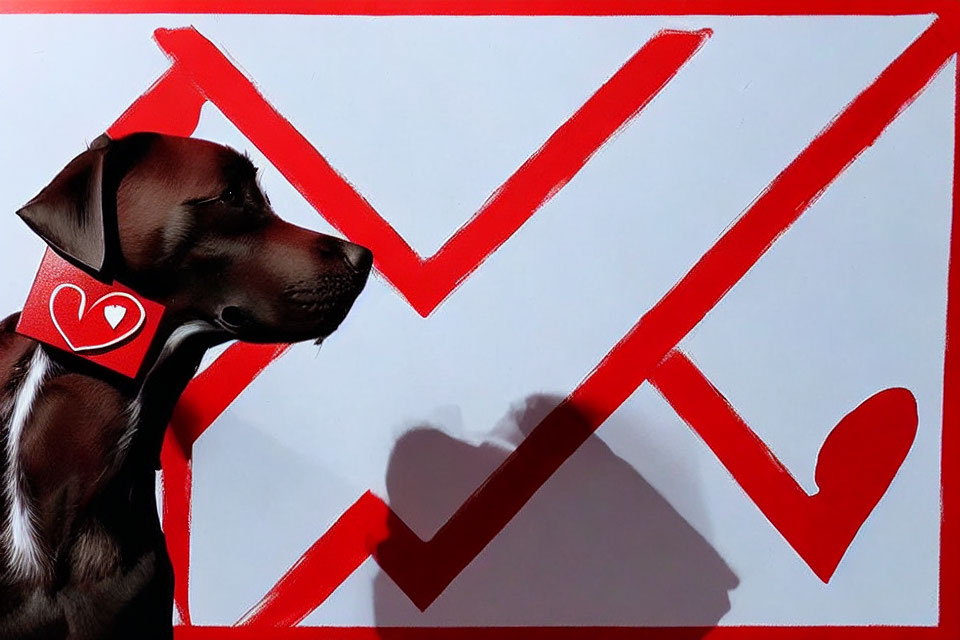 Brown dog with heart collar on red checkmark background