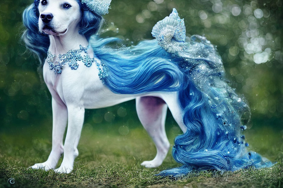 White Dog with Blue Wavy Mane and Sea Ornaments on Grass