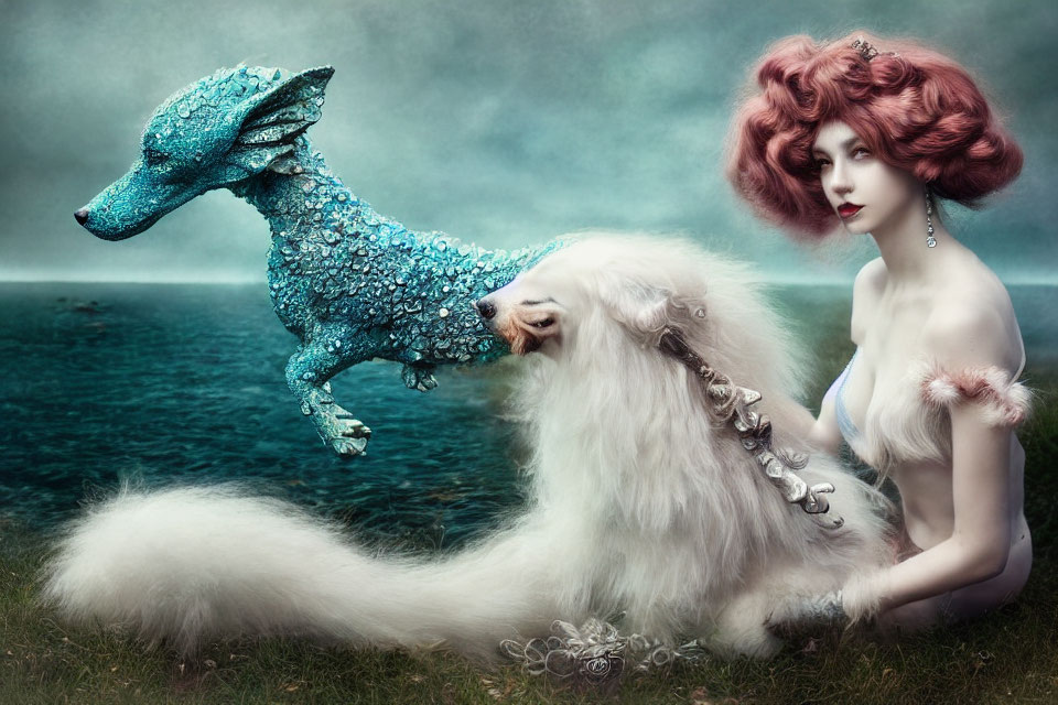 Fantasy scene with woman, creature, and dragon in oceanic backdrop