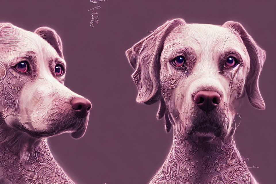 Illustrated lavender-hued dogs with intricate fur patterns.