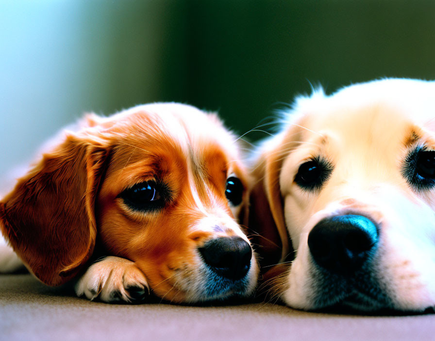 Two Dogs Lying Together: Golden-Brown and White with Black Nose