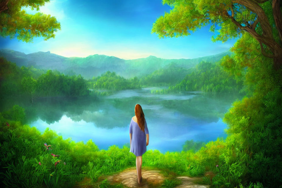 Woman in Blue Dress Contemplating Serene Lake and Mountains