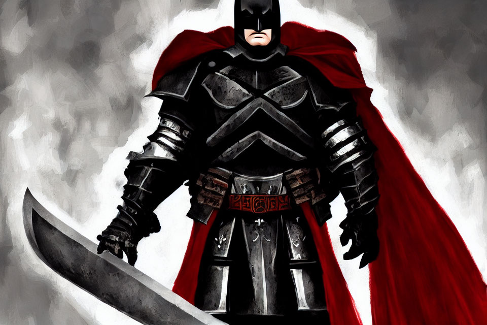 Medieval knight in Batman-like armor with red cape and sword on grey background