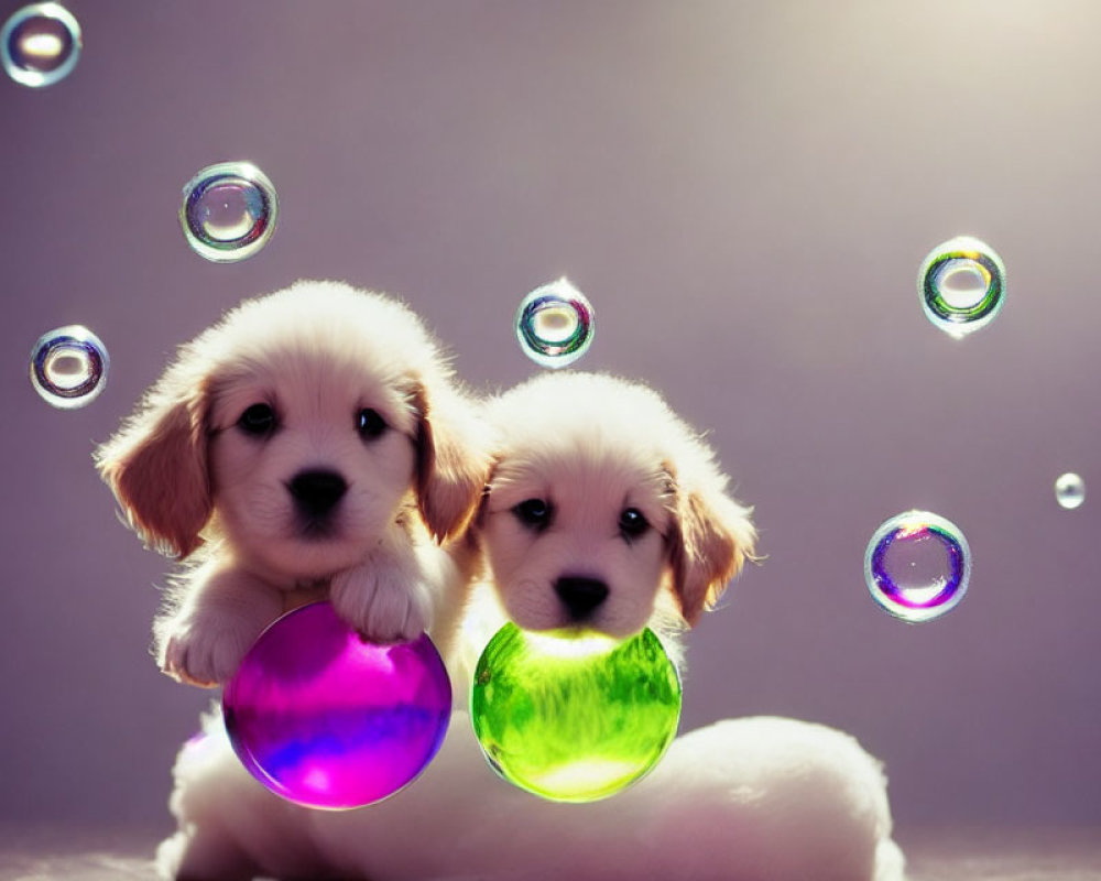 Two cute puppies with colorful bubbles in soft-lit setting