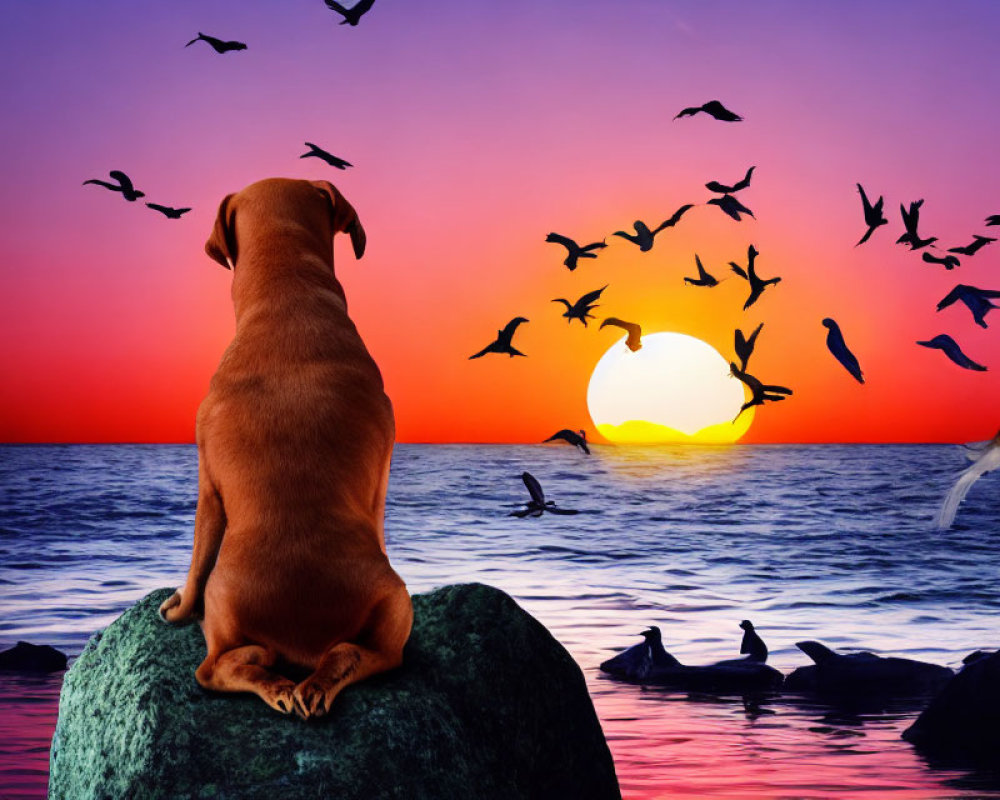 Dog sitting on rock at sunset with birds in sky