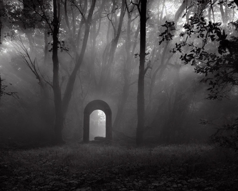 Misty Black and White Forest with Bare Trees and Archway