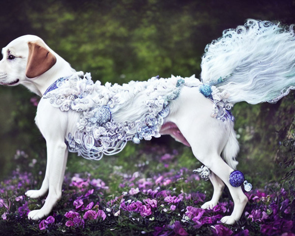 Beagle Dog in Blue and White Costume Among Purple Flowers