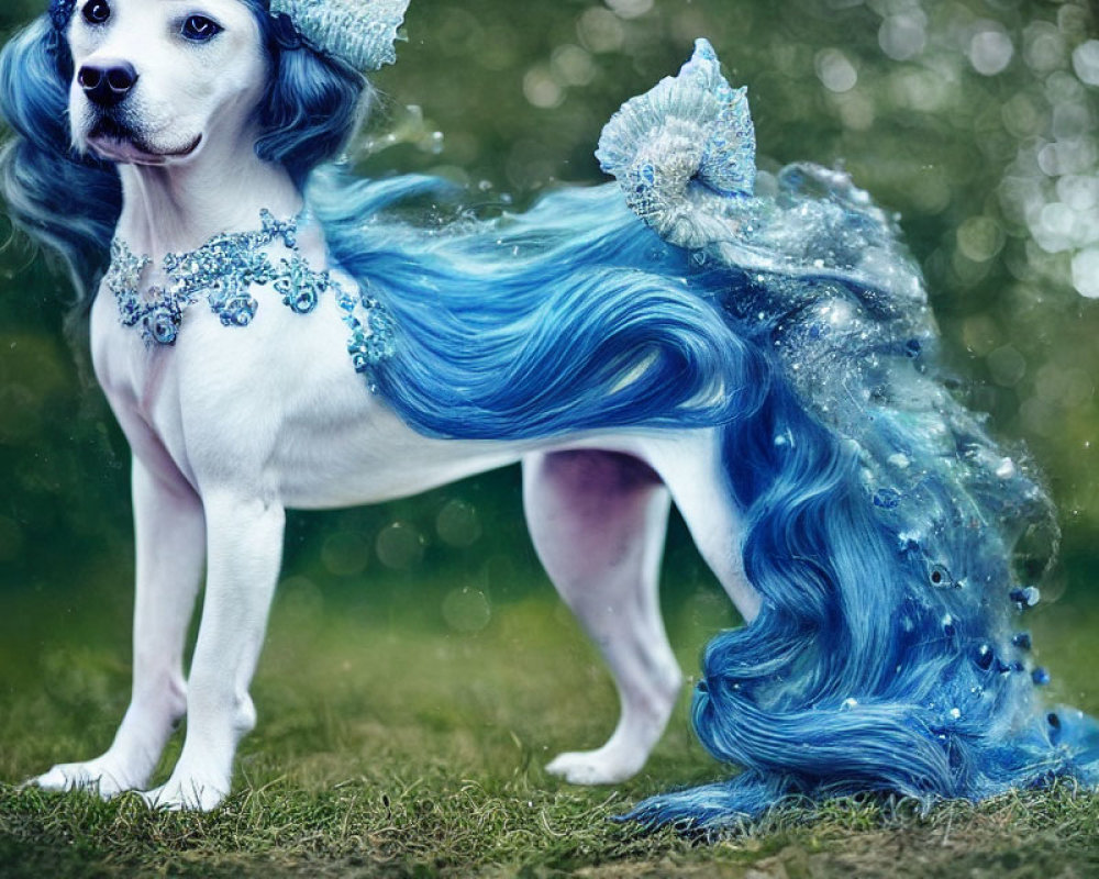 White Dog with Blue Wavy Mane and Sea Ornaments on Grass