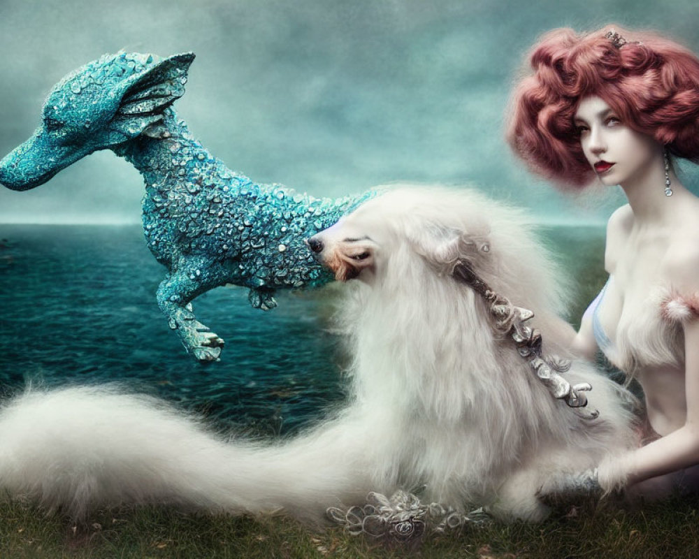 Fantasy scene with woman, creature, and dragon in oceanic backdrop