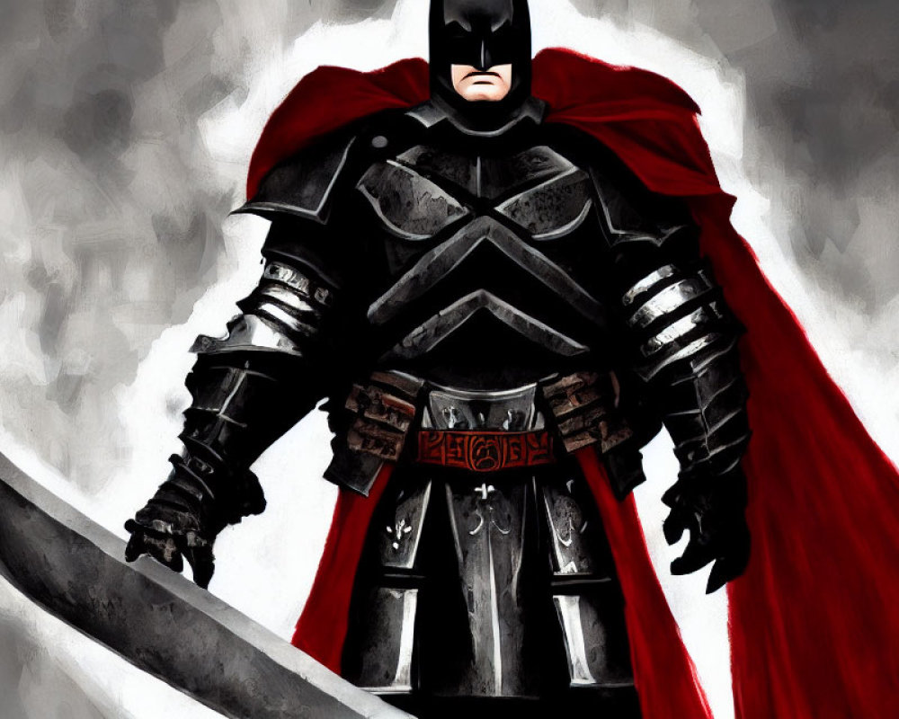 Medieval knight in Batman-like armor with red cape and sword on grey background