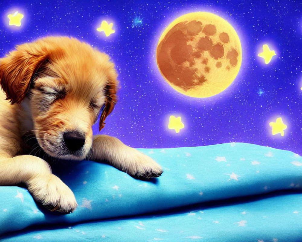 Sleepy puppy on star-patterned blue pillow with dreamy cosmic background