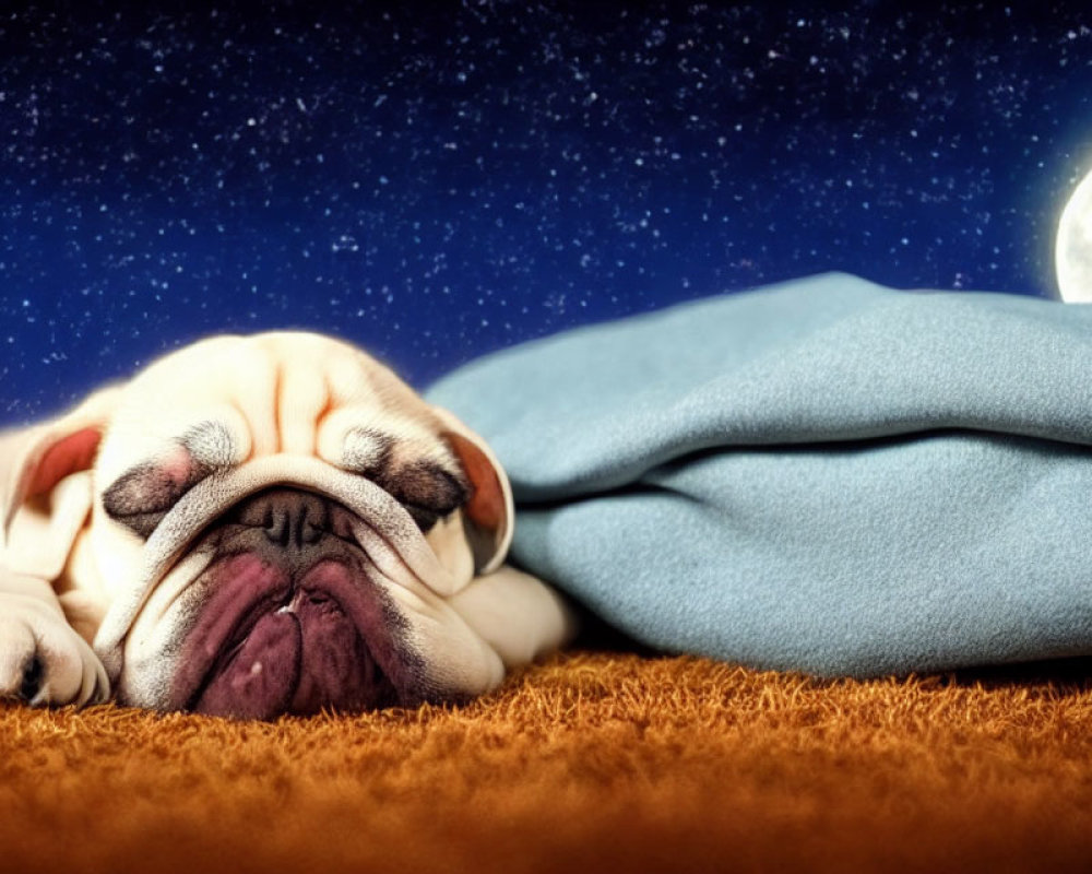 Sleeping pug dog under blue blanket on starry sky with crescent moon background