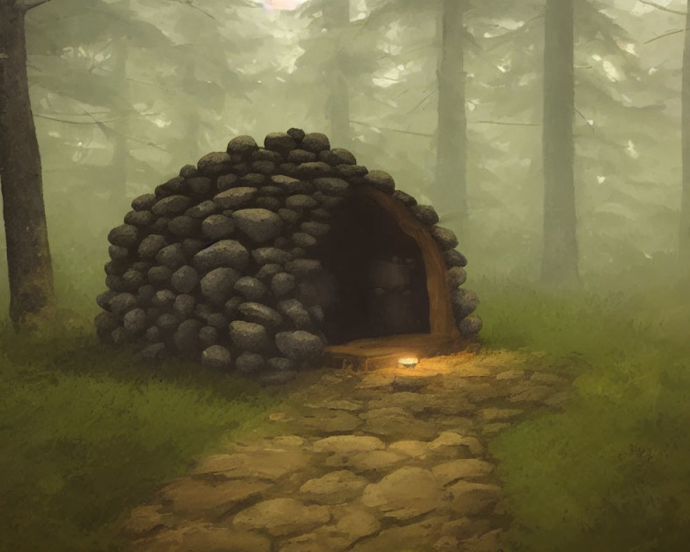 Stone hut with wooden door in misty forest, cobblestone path, warm light