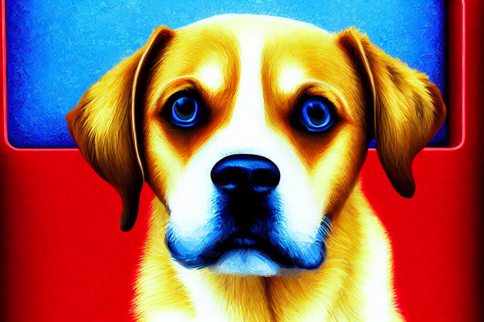 Digitally Enhanced Image of Dog with Blue Eyes and Yellow-White Fur on Red-Blue Background