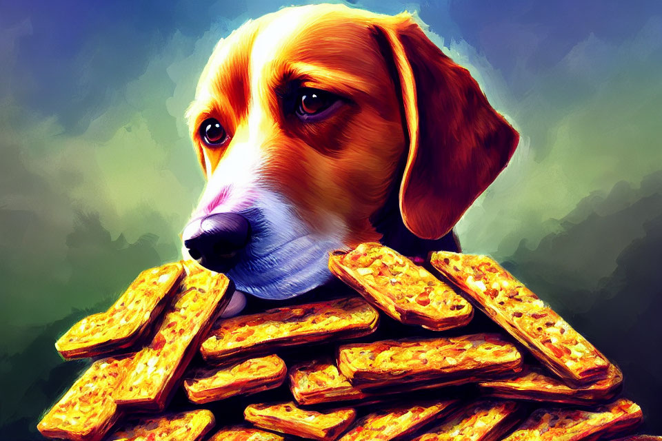 Wistful dog with biscuits on green background