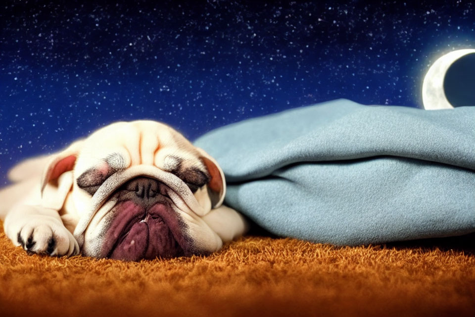 Sleeping pug dog under blue blanket on starry sky with crescent moon background