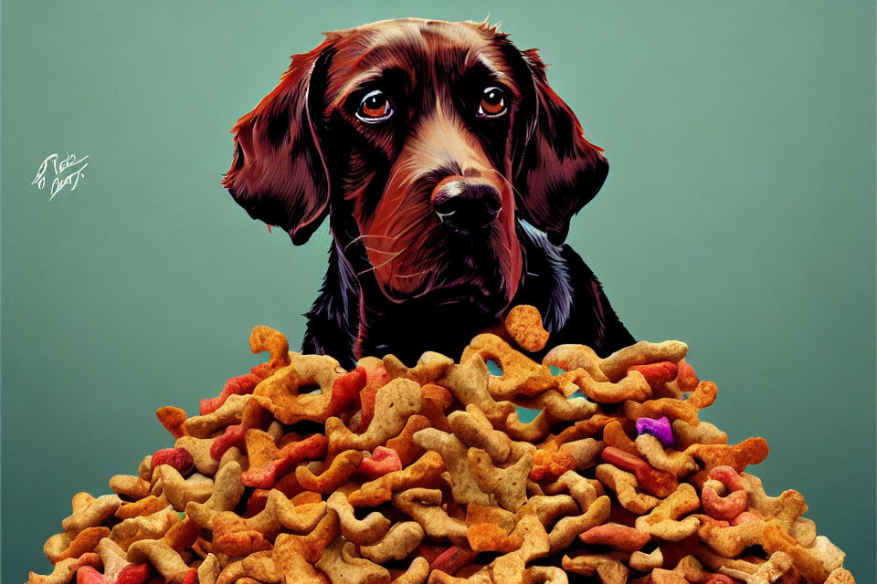 Brown and Black Dog Longing Over Colorful Dog Treats on Green Background