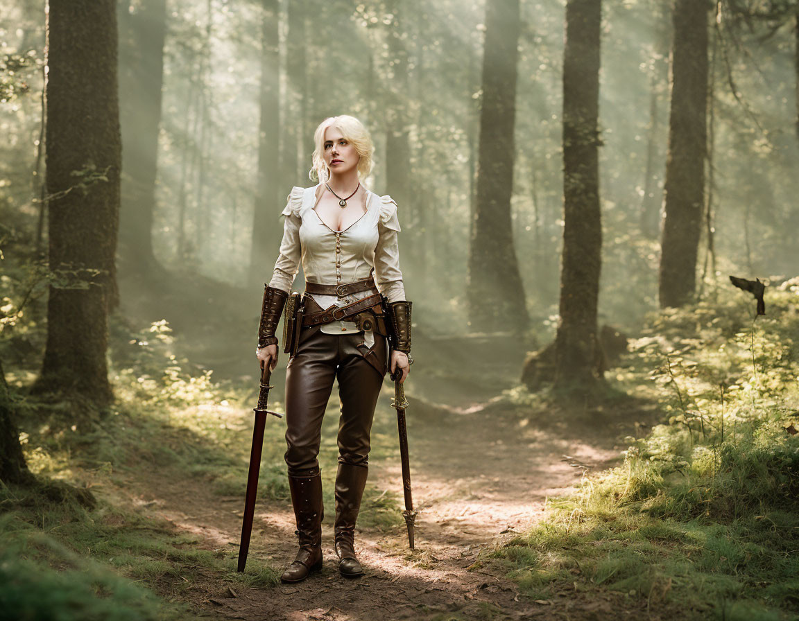 White-haired medieval fantasy character in forest with sword and armor