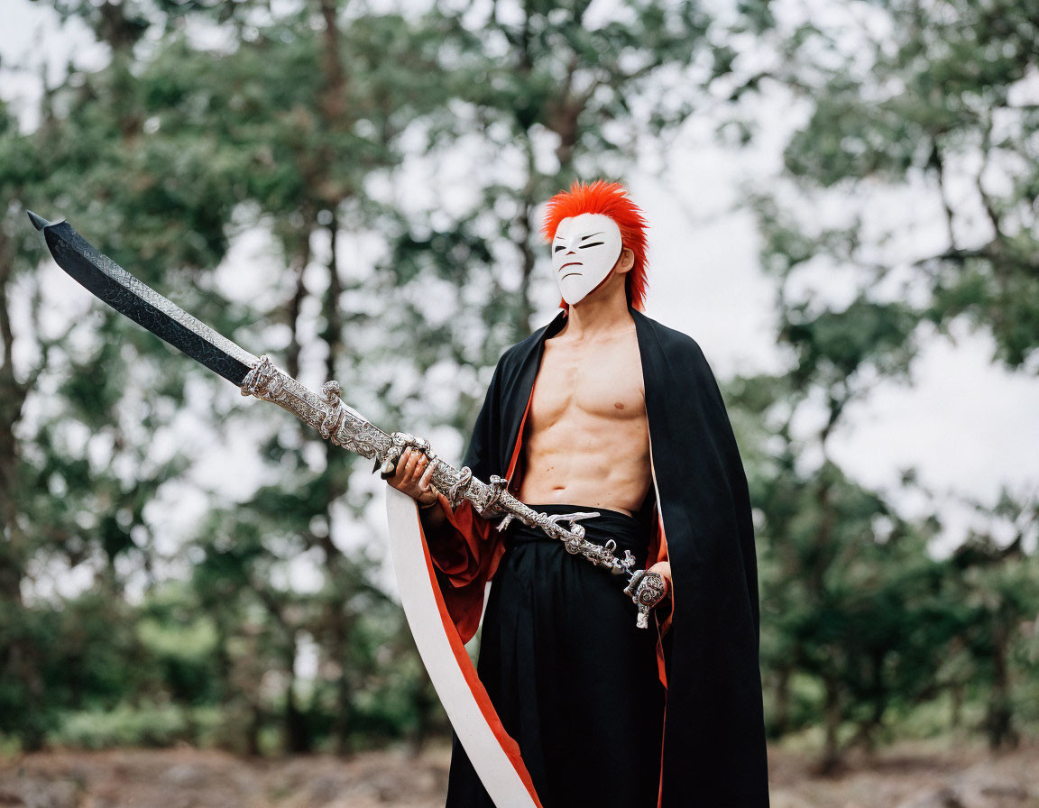 Person in Black Cloak with Red Mask Wielding Sword in Forest Setting