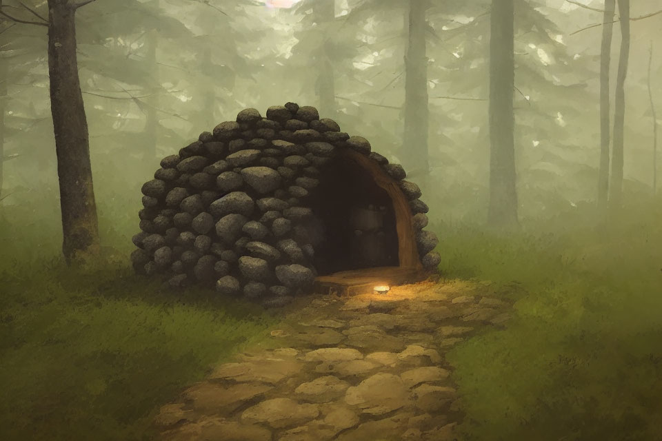 Stone hut with wooden door in misty forest, cobblestone path, warm light