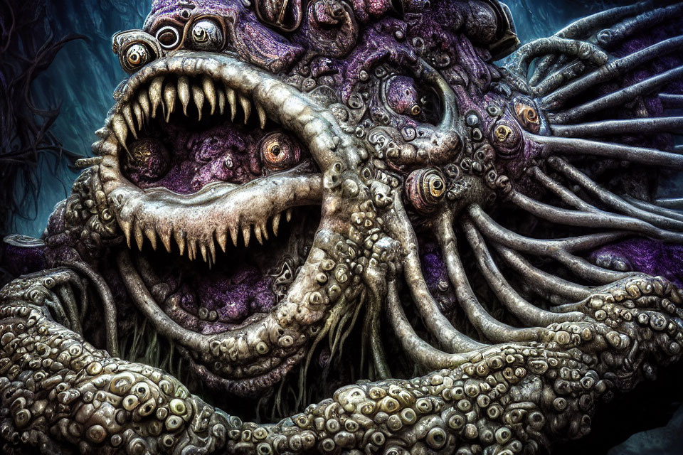 Sinister Octopus-Like Creature with Glaring Eyes and Sharp Teeth