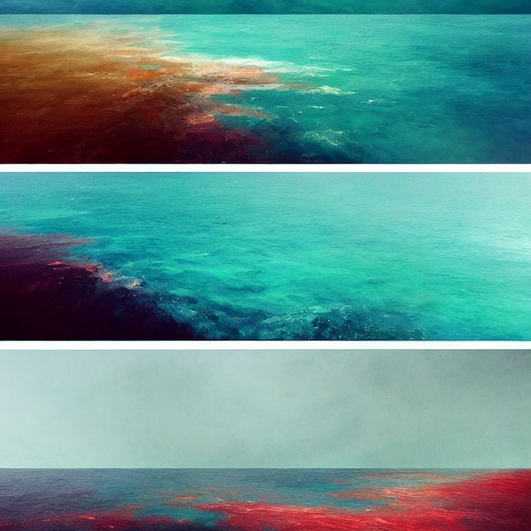 Triptych of Sea Gradations: Beige to Teal to Deep Red