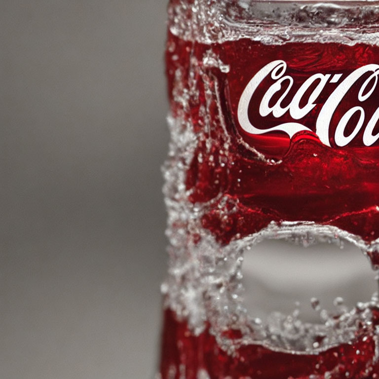 Carbonated Coca-Cola glass with bubbles and logo in close-up view