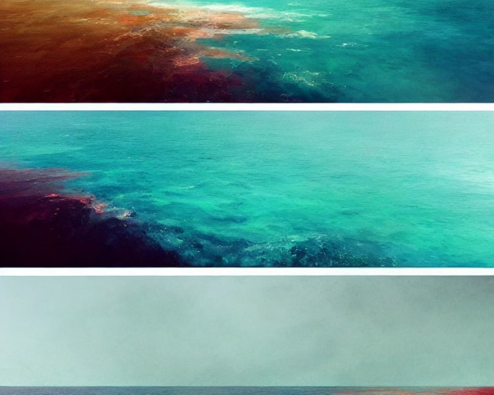 Triptych of Sea Gradations: Beige to Teal to Deep Red