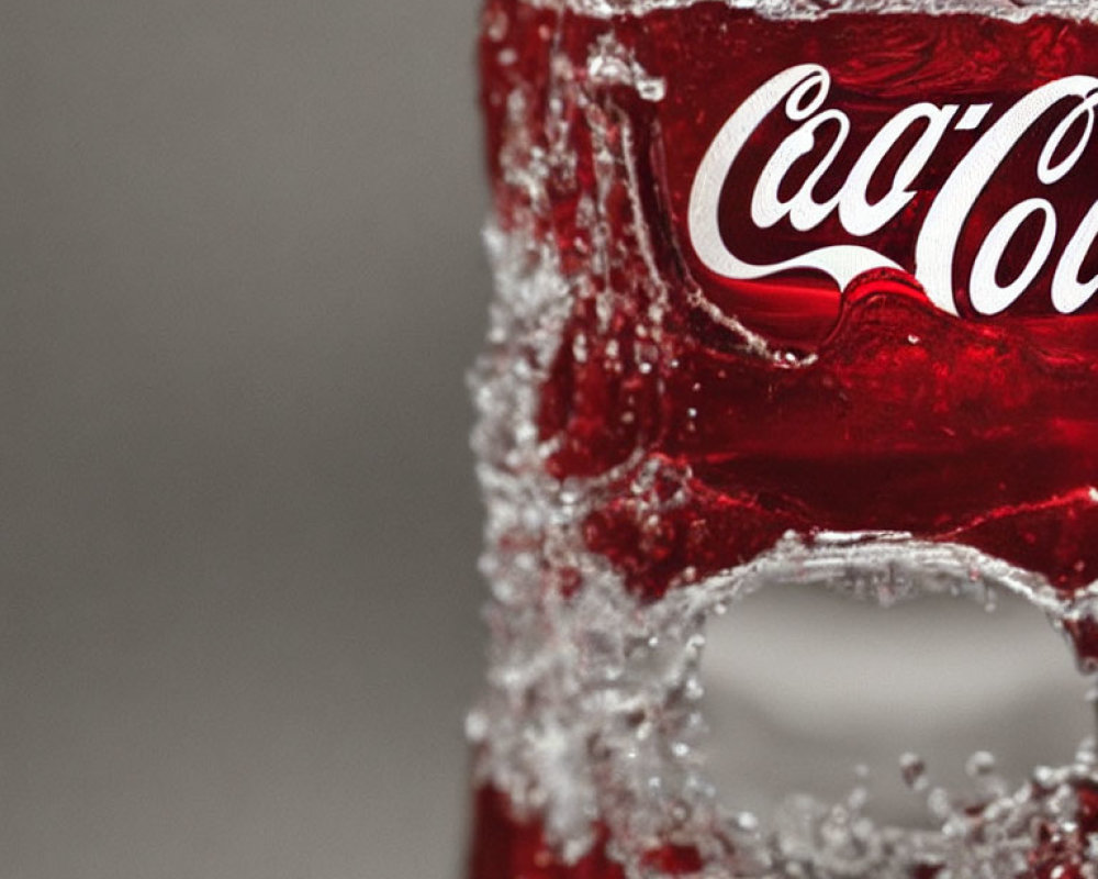 Carbonated Coca-Cola glass with bubbles and logo in close-up view