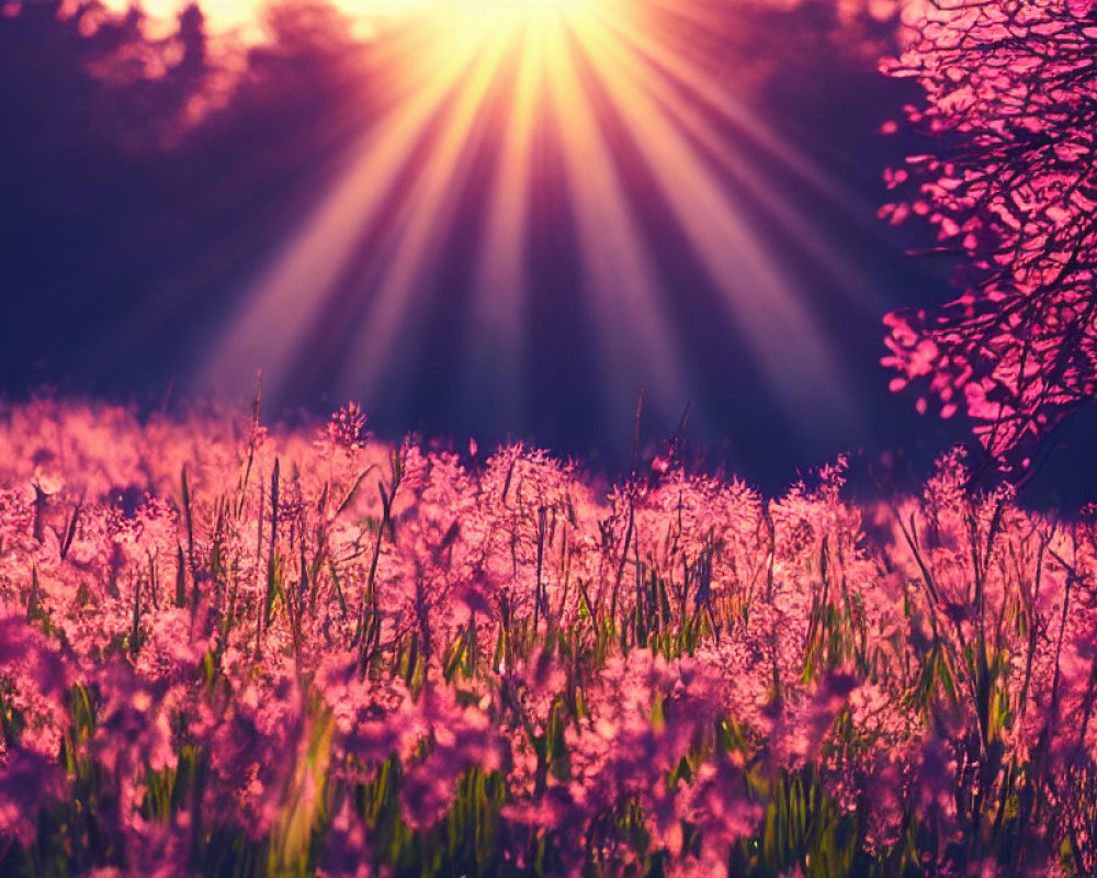 Tranquil pink flower field at sunset with tree silhouette