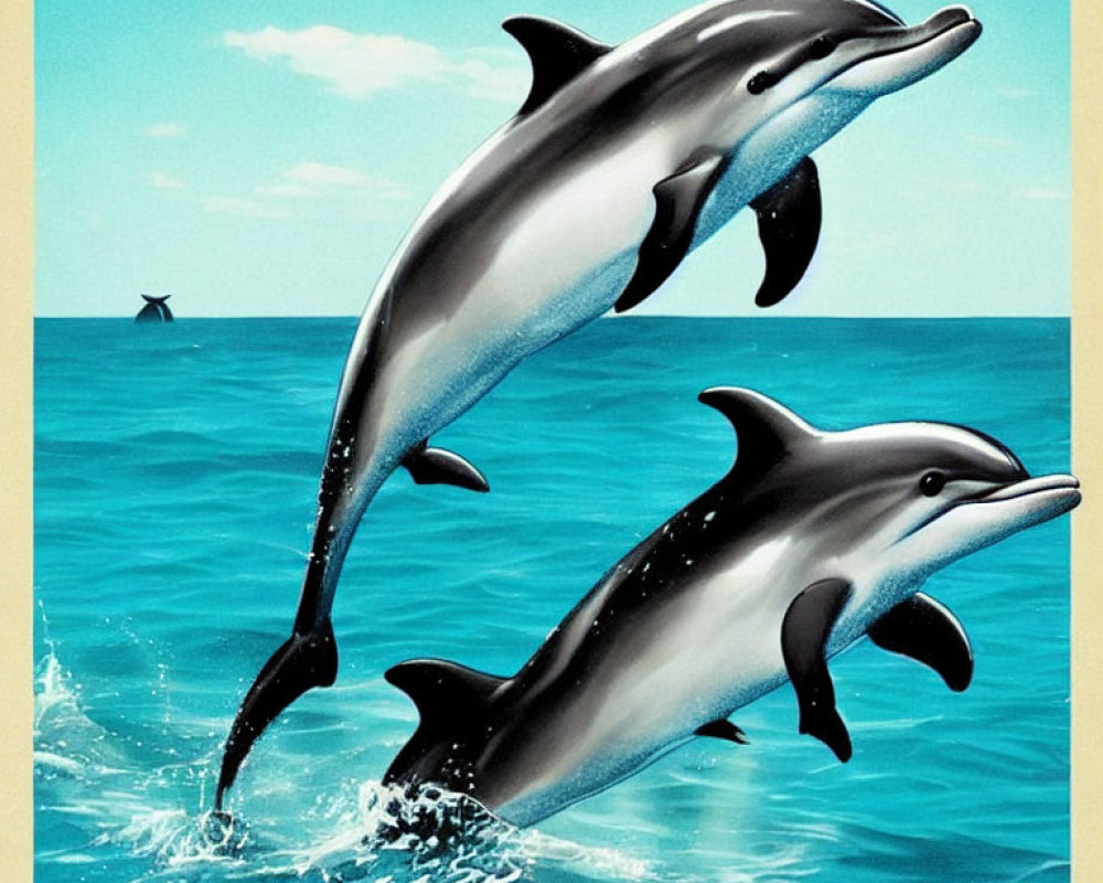 Two Dolphins Leaping Out of Ocean with Clear Blue Sky