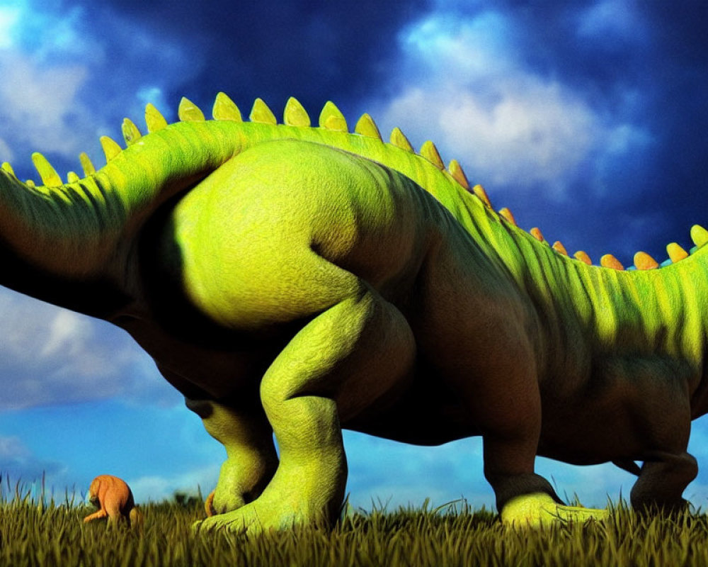 Colorful Spiky Dinosaur in Grass Field Under Blue Sky