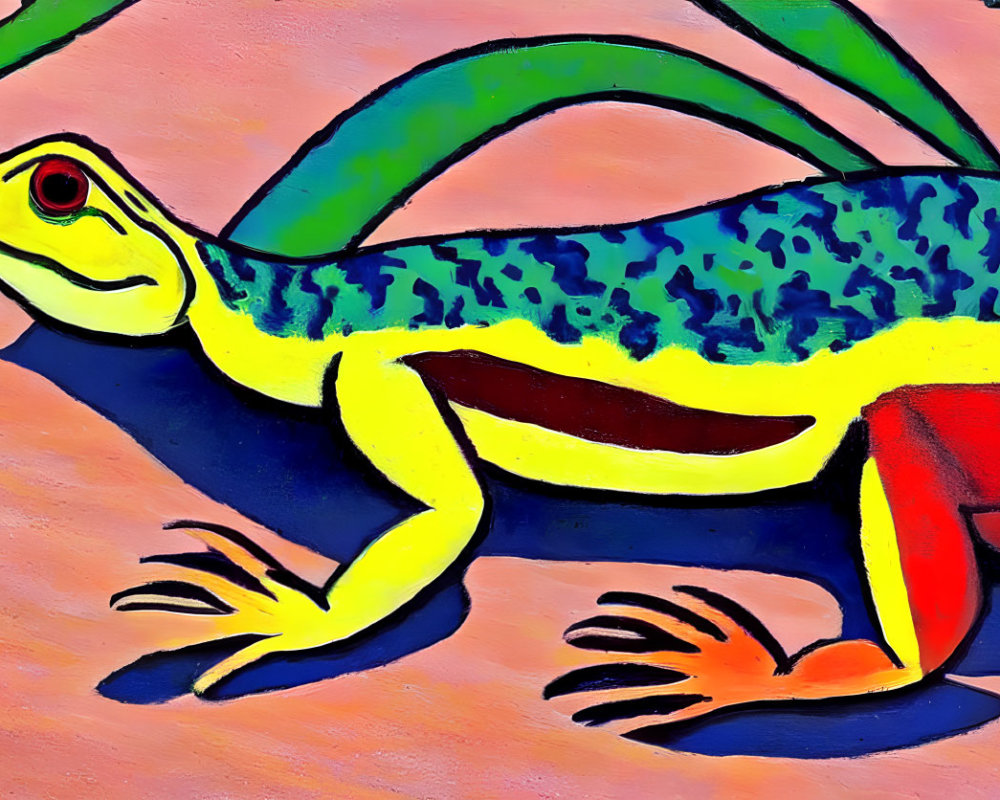 Vibrant lizard artwork with red, yellow, and blue body on colorful backdrop