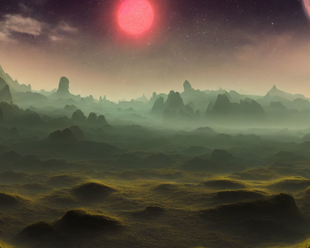 Alien landscape with misty mountains under a red star