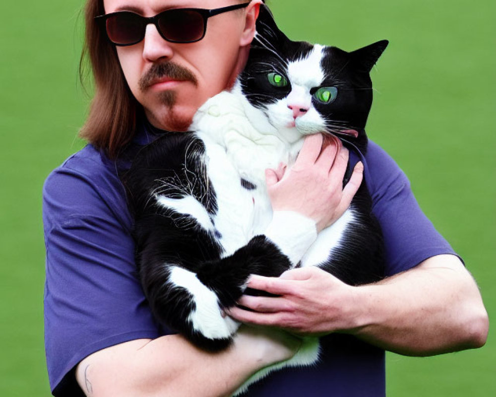 Long-haired man with sunglasses holding black and white cat on green backdrop