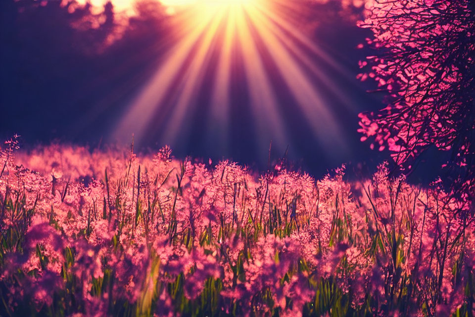 Tranquil pink flower field at sunset with tree silhouette