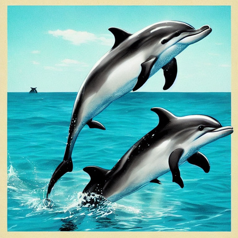 Two Dolphins Leaping Out of Ocean with Clear Blue Sky